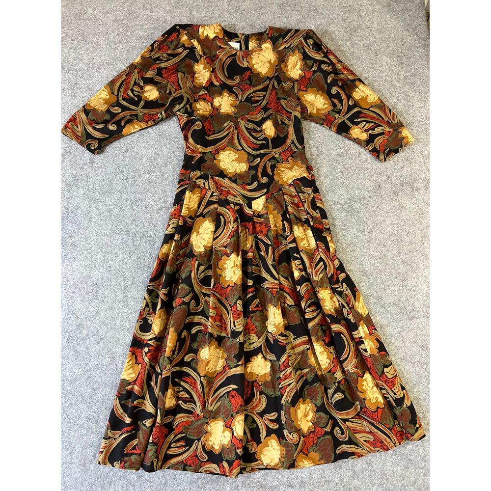 Vintage Y2K 80s 90's Paquette Too A Line Fall Floral Pleated Dress 6 Cottagecore